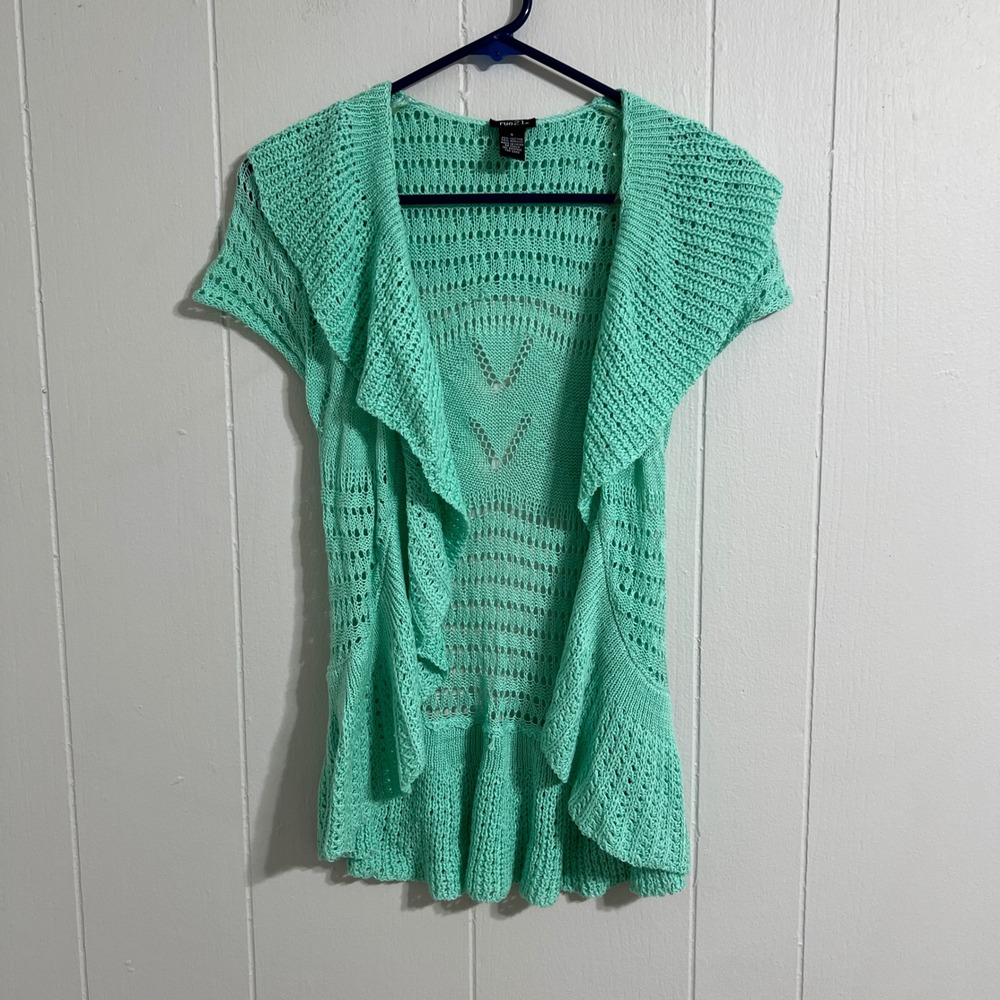 Rue 21 Y2K Teal Crochet Knit Cardigan Women's Size S Short Sleeve Open Front